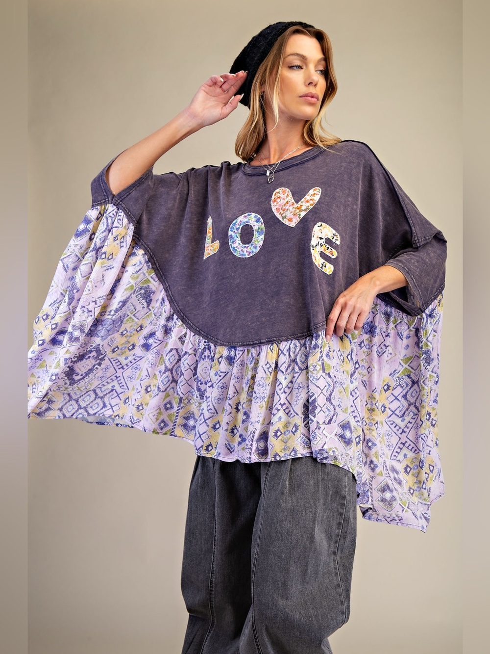 easel Purple Patchwork 'LOVE' Ruffle Hem Tunic